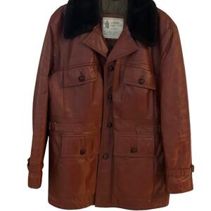Vintage 70s London Fog Cognac Brown Leather Utility Jacket Faux Fur Collar Large